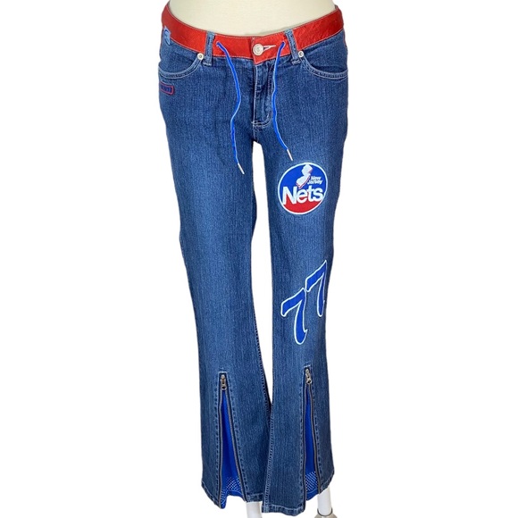 NBA NJ NETS Jeans Womens Size 5 Flare Retro W 28 L  31 Basketball Patches G III - Picture 2 of 14